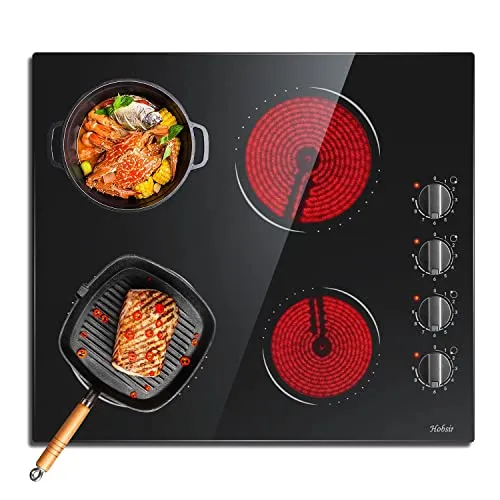 Glaskeramikkochfeld 4 Zonen kochfeld Autark Schwarz Knopf Glaskeramik Kochfeld 9 Leistungsstufen 60cm, verkabelt, kein Stecker