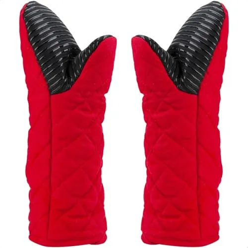 AYADA Ofenhandschuhe Silikon Lang, Topfhandschuhe Backhandschuhe Backofenhandschuhe Küchenhandschuhe Kochhandschuhe Polyesterwatte rutschfeste für Kochen Grillen Backen Männer Frauen (Rot)