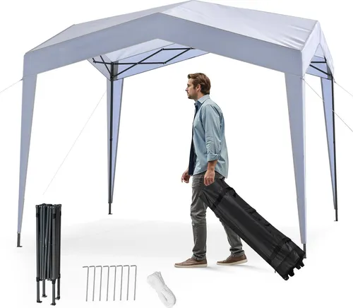GOPLUS Pop-up Pavillon 3 x 3 m, Faltpavillon mit 4 Seitenwänden, Faltbarer Gartenpavillon mit 8 Heringe & Portable Rolltasche, Weiß
