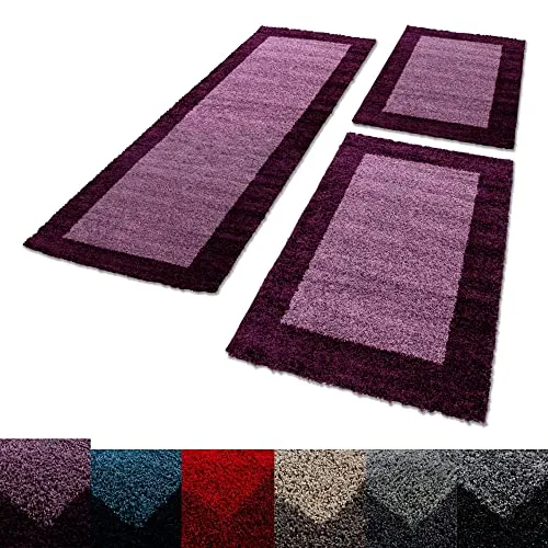 Unbekannt Shaggy Hochflor Teppich Carpet 3TLG Bettumrandung Läufer Set Schlafzimmer Flur, Farbe:Lila, Bettset:2x60x110+1x80x250