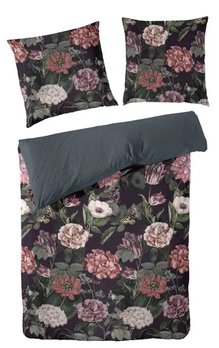Primera Mako Satin Bettwäsche 135x200 + 80x80 cm in Schiefer - Moderne Bettwäschegarnitur aus 100% Baumwollsatin, atmungsaktiv mit botanischem Muster, ideal für ein gemütliches Schlafzimmer.