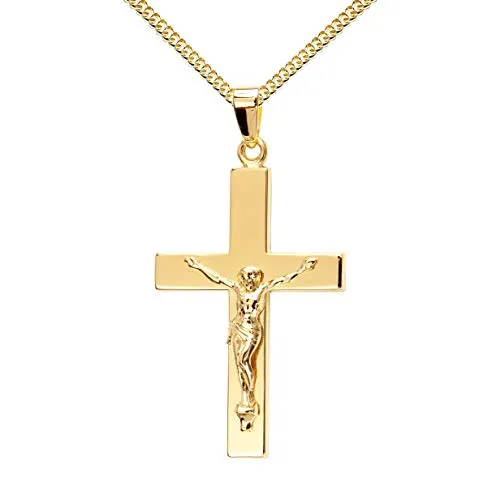 JEVELION Kreuz-Anhänger mit Panzer-Kette - Vergoldetes Goldkreuz für Damen, Herren und Kinder - Hochwertiger 585 Gold 14 Karat Kreuz-Anhänger mit vergoldeter Panzer-Kette, perfektes religiöses Symbol und modisches Accessoire, ideal als Geschenk zu besonderen Anlässen.