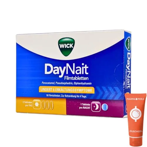 Wick DayNait Erkältungsmittel gegen Fieber, Kopfschmerzen, verstopfte Nase, laufende Nase, Gliederschmerzen I Sparset mit give-away von Pharma Perle (1 x 16 St.)
