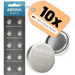 ABSINA SR920SW Uhrenbatterie 1,55V Silberoxid 10er Pack - Knopfzelle SR920SW auslaufsicher & Lange Haltbarkeit - Batterie SR920SW / LR921 / 371/370 / LR69 / AG6 - SR 920 SW Uhren Knopfzelle