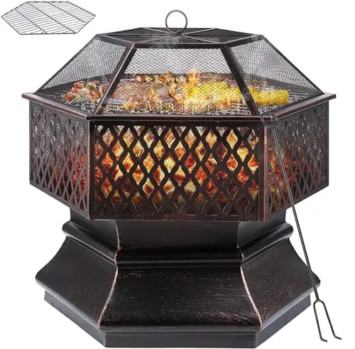 TLSUNNY Feuerschale mit Grillrost,Feuerkorb mit Funkenschutz,Feuerschalen groß 66×66×63cm,Sechseckige Feuerstelle Outdoor mit Schürhaken Kohlerost,Feuertonne Garten für Terrasse,Camping,Heizung/BBQ