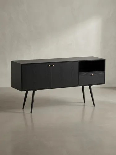 Stylisches Sideboard 140x75 cm in Schwarz mit Eiche-Nachbildung - Kommode mit viel Stauraum: 2 Türen, 1 Schublade und offenes Fach. Ideal für Wohnzimmer oder Küche, schützt den Boden mit Anti-Rutsch-Noppen.