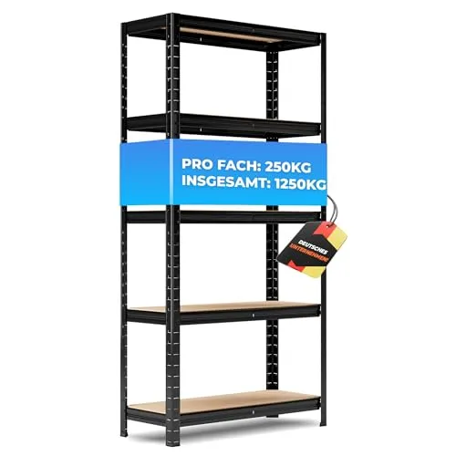 ALL Premium Schwerlastregal 150x75x30 cm Schwarz - 1250kg Traglast – Regal 30cm tief & schwerlastregal 30 cm tief, Regal 150cm hoch & schwerlastregal 150 hoch ideal für Keller & Garage