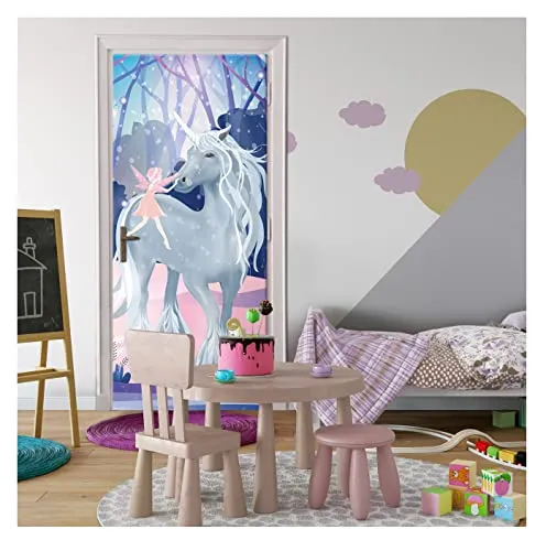 Türtapete Selbstklebend Einhorn für Kinderzimmer - 91x211 cm - Türaufkleber für Mädchenzimmer mit UV-beständigem, robustem Material. Einfach anzubringen dank selbstklebender Folie, bringt Farbe und Freude in jedes Kinderzimmer!