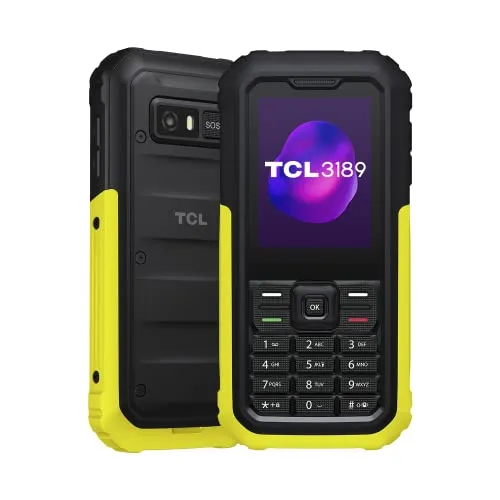 TCL 3189 Robustes 4G-Telefon, wasserdicht, stoßfest IP68, 17 Tage Akkulaufzeit, SOS-Taste, HD-Anrufe, LED-Taschenlampe, Dual-SIM, Gelb (leuchtendes Gelb), 2,4-Zoll-Bildschirm