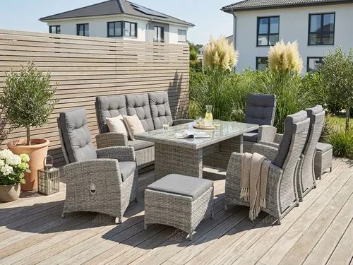 KONIFERA Garten-Essgruppe Monaco, 24-tlg. Set mit verstellbaren Rückenlehnen - Essgruppen für den Außenbereich, wetterfestes Polyrattan und Aluminium, stufenlos verstellbare Rückenlehnen für entspanntes Sitzen.