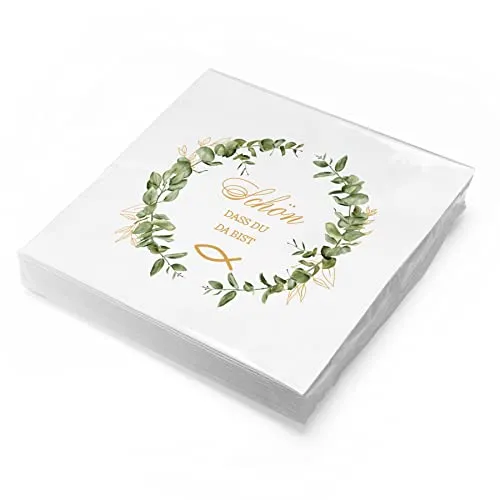 itenga Servietten Papier Fisch Schön dass du da bist 33 x 33 cm 3-lagig 20 Stück für Taufe Kommunion Konfirmation Jungen und Mädchen Eukalyptus Kranz grün gold weiß