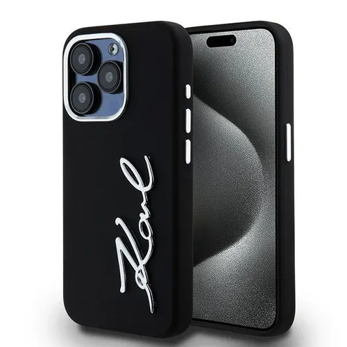 CG MOBILE Karl Lagerfeld KLHCP15LSCMSMVK Hülle für iPhone 15 Pro - Stylische Hartschalen-Silikon-Hülle mit Metall-Schriftzug, bietet optimalen Schutz und elegantes Design für dein iPhone 15 Pro.