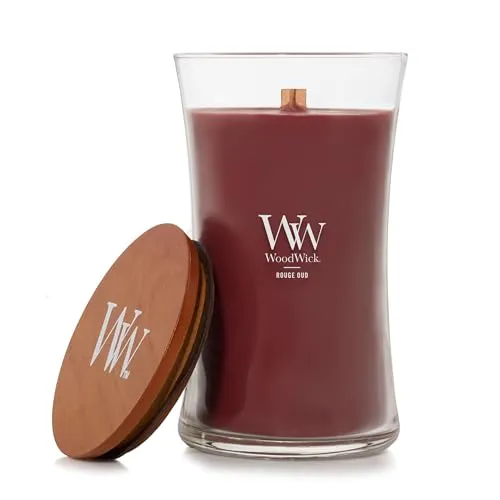 WoodWick Core Rouge Oud Kerze, groß - Luxuriöse Duftkerze in elegantem Glas, mit einzigartigem PLUSWICK® Docht für entspannendes Knistern und stundenlangen orientalischen Duftgenuss.