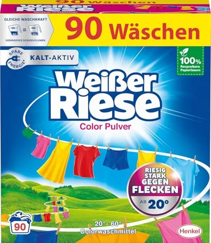 Weißer Riese Color Pulver (90 Waschladungen), Color Waschmittel riesig stark gegen Flecken, Kalt-Aktiv schon ab 20° C, ergiebiges Waschpulver, ideal für Familien mit Kindern