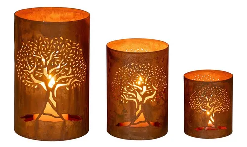 Levandeo® Kerzenlaterne 3er Set - Windlichter mit Lebensbaum Motiv - Kerzenhalter aus Metall im rustikalen Rostfinish, ideal für stimmungsvolle Garten- und Wohnraumdekoration.