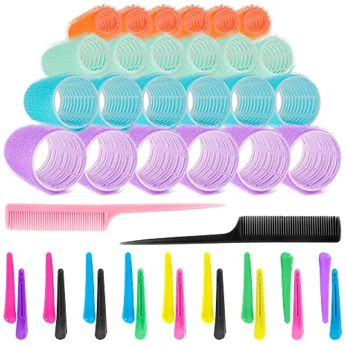 DTnewsun 44-teiliges Lockenwickler-Set, 24 Stück Lockenwickler selbstklebend und 18 zufällig gefärbte Entenschnabelklammern zum Fixieren von Frisuren. Und 2 Kämme in zufälligen Farben