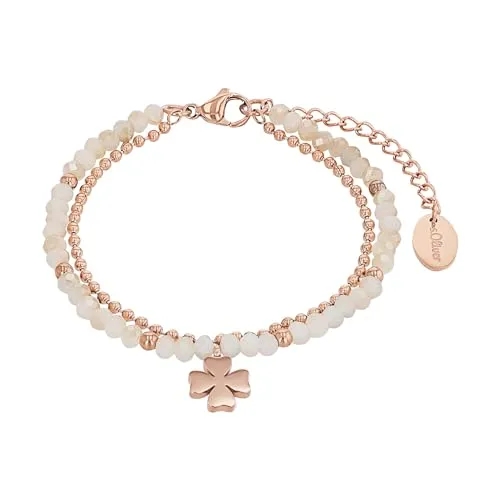 s.Oliver Damenarmband mit Kleeblatt Anhänger - Elegantes Armband aus Edelstahl mit rosé-glänzenden Glasperlen, verstellbar von 17-20 cm, ideal als Glücksbringer und perfektes Geschenk für jeden Anlass.