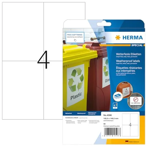 HERMA Etikettenpapier 105 x 148 mm - Wetterfeste, permanent haftende Inkjet Folien-Etiketten auf A4, ideal für den gewerblichen und privaten Einsatz, perfektes Druckergebnis in Schwarz und Farbe.