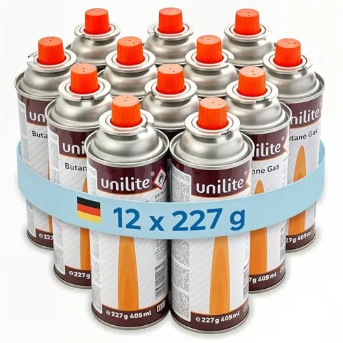 Unilite 12 x Gaskartuschen - Butangas Kartuschen 227 mit MSF-1A Bajonett Ventil – Die Butan Gaskartuschen sind ideal beim Camping für Campingkocher, Gas-Lampe & Co. oder für Unkrautbrenner