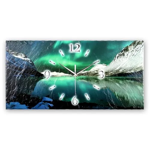 Kreative Feder Designer-Wanduhr Polarlicht Natur-Landschaft aus Stein Made in Germany leise ohne Ticken 50x25cm (Polarlicht, leises Quarzuhrwerk)