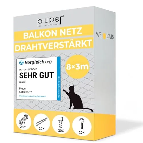 PiuPet® Katzennetz drahtverstärkt 8 x 3 m - Sicherheitsnetz für Balkon und Fenster, bietet optimalen Schutz für Ihre Katze und sorgt für Sicherheit und Freiheit im Freien.