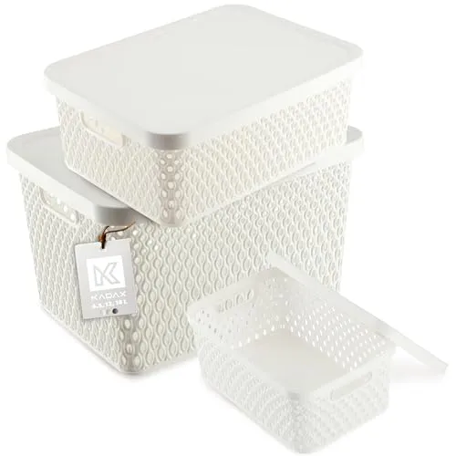 KADAX Aufbewahrungskorb, Korb mit Deckel, Aufbewahrungskiste, Aufbewahrungsbox aus Plastik, Moderner Regalkorb, Behälter mit Lüftungslöchern (3er SET: 4,5L,12L,18L, Weiß)
