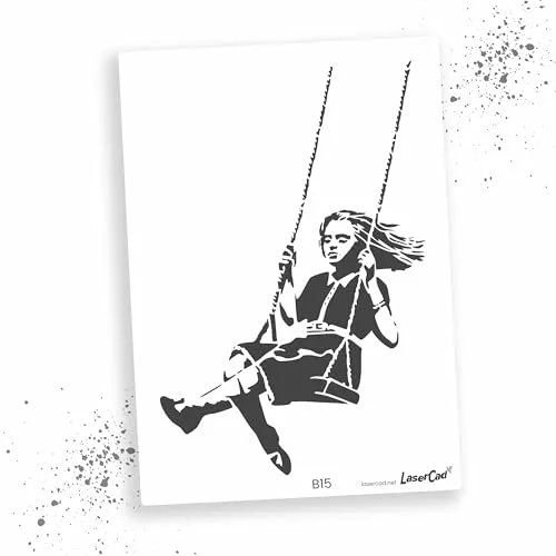 LaserCad Schablonen BANKSY Streetart (B015, Swing Girl, DIN A3) Stencil für Graffiti, Airbrush, Kunst, Deko, zum Malen
