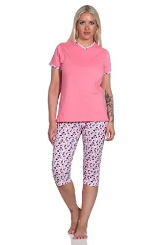 NORMANN-Wäschefabrik Floraler Damen Capri Pyjama, kurzer Schlafanzug mit 3/4 Caprihose - 12320410152, Farbe:pink, Größe:44-46