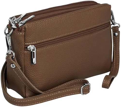Caspar kleine Leder Umhängetasche Crossbody Bag elegante Damen Tasche mit 3 Fächern - CLASSIC LINE - Modell No.815 - Made in Italy, Farbe:marone