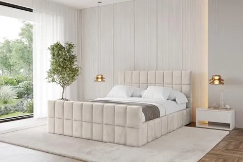ALTDECOR Polsterbett mit Bettkasten, Fußteil und Lattenrost, Bett mit Kopfteil, Boxbett ohne Matratze, Doppelbett mit Stauraum - AMEA-Z 200x200 Beige