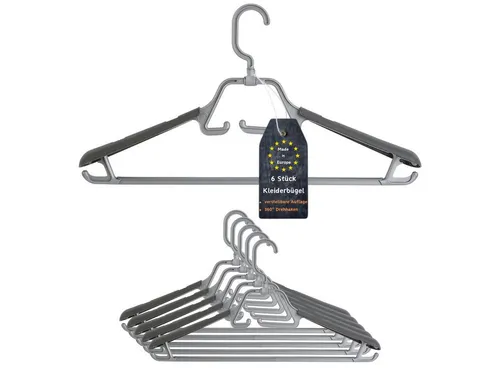 Engelland Kleiderbügel mit drehbarem/einklappbarem Haken sowie ausziehbarer Schulterauflage, (Vorteils-Set, 6-tlg), rutschfest, stabil, Kunststoff, für Mäntel, Hosen, Blusen, Anzüge uvm.