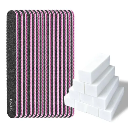 Eupneicu 15 Stück Professionelle Nagelfeile [Schwarz] + 10 Stück Nagel Block Weiß Polierblock, Nagelwerkzeug, Doppelseitige 100/180, Waschbar, Wiederverwendbar, Fr Nagelstudios Diy Nail Art Zuhause