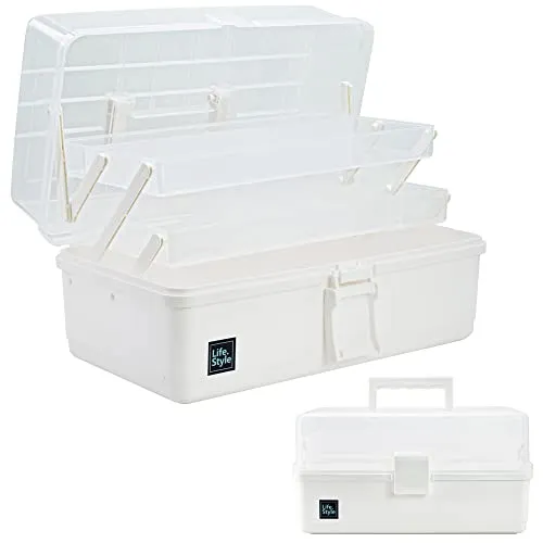 Produktbild Creahaus 33cm 3-Regal Mehrzweck-Aufbewahrungsbox, Sortierbox, Organizer Box, Bastelbox, Nähkasten, Medizinkoffer, Toolbox, Angelkoffer mit 2 Regalen (Weiß)