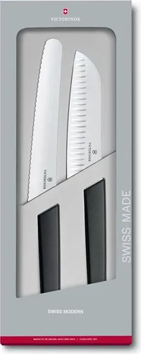 Swiss Modern 2-Piece Kitchen Set - Black - Küchenmesser-Set mit Santoku- und Brotmesser, ideal für die Zubereitung asiatischer Gerichte und perfekte Schnitte ohne Anhaften dank spezieller Luftschlitze.