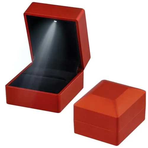 Jinlaili Ringschachtel Hochzeit, 62x57x39MM Ringbox mit LED, Ringschatulle mit Samt Interieur, Schmuck Präsentationsbox, Herz Ringkästchen für Vorschlag Verlobung Hochzeit Zähler Display (Rot 2)