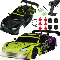 Overmax RC Auto X-Drifty + Wechselkarosserie, 1:16, 20 km/h, 4WD, bis zu 80 m Reichweite, 2x500 mAh Akkus, Reifenset, Hindernisse & Aufkleber - Grün/Grau