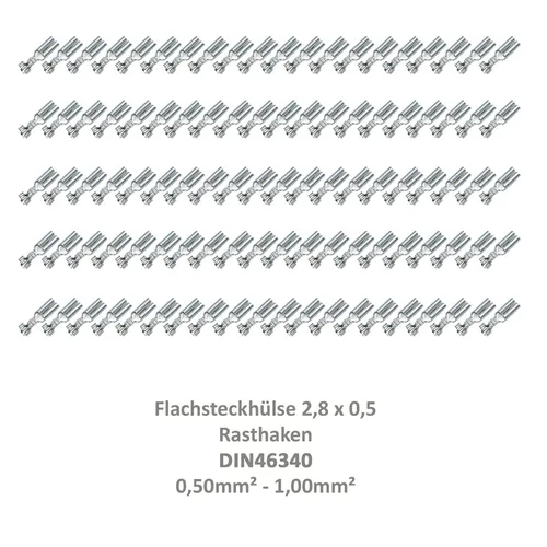 Flachsteckhülse 2,8x0,5 Kabelschuh unisoliert 0,50²-1,0² Rasthaken/Rastzunge 100