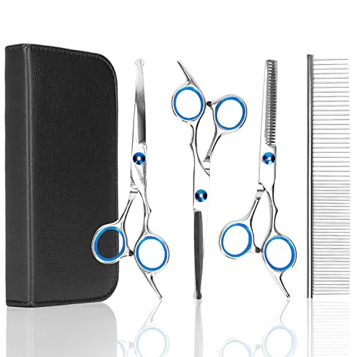 Nobleza Hundeschere Set Profi, Hunde Schere Runder mit Sicherheitsspitze, 4 in1 Edelstahl Fellschere Hunde Inkl Effilierschere, Gerade Schere, Gebogene Schere, für Hund Katze Haustier