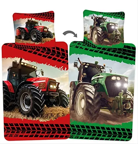 rainbowFUN.de Roter & Grüner Traktor 2in1 Wende-Bettwäsche-Set - Bettwaren-Set für Kinder, aus 100% Baumwolle, bietet zwei Designs in einem für vielseitigen Spaß und ein gemütliches Bauernhof-Ambiente.