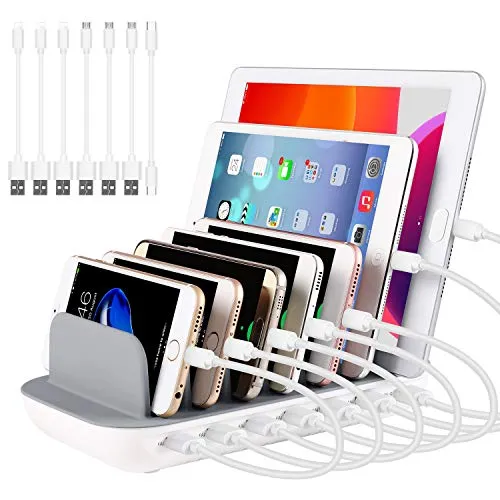 PRITEK USB Ladestation 60W/12A 7 Anschlüsse Desktop Ladestation für Mehrere Geräte mit 6 Ai USB Anschlüssen + 1 USB-C Anschluss mit 7pcs Kurz USB-Kabel (weiß)