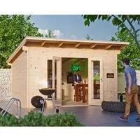 SKAN HOLZ She Shed Ostende - Blockbohlenhaus 440 x 380 cm - Gartenhaus mit Pultdach aus hochwertigem Holz, ideal für kreative Rückzugsorte im Garten und bietet zusätzlichen Stauraum.