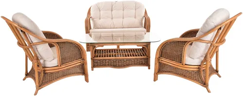 Rattangruppe Win für 4 Personen - Vintage Braun - Sofas & Sessel, stilvolle Rattangruppe mit abnehmbaren Sitzkissen, ideal für Wohnzimmer oder Wintergarten, bietet Komfort und Eleganz.