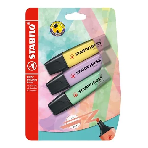 STABILO - Textmarker - BOSS ORIGINAL Pastel - 3er Pack - pudriges Gelb, Schimmer von Lila, Hauch von Minzgrün