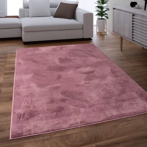 Paco Home Teppich Wohnzimmer Schlafzimmer Kunstfell Shaggy Hochflor Flauschig Soft Einfarbig Rosa Mauve, Grösse:80x150 cm