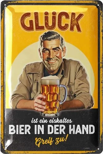 LANOLU Blechschilder Retro GLÜCK IST EIN EISKALTES BIER - Biertrinker Geschenk Bierliebhaber, lustiges Bierschild, Blechschilder Bier, Metallschilder mit Sprüchen 20x30cm