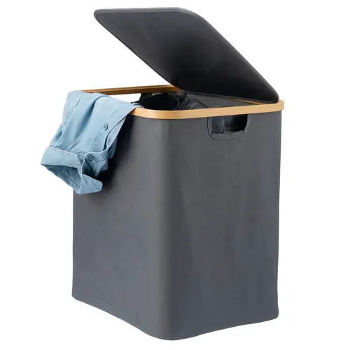bremermann Wäschesammler mit 60L Fassungsvermögen - Wäschebox mit herausnehmbarem Wäschesack und Deckel, ideal zum geruchsneutralen Sammeln von Schmutzwäsche. Robustes Design aus Oxford-Polyester und Bambus-Dekor, perfekt für jedes Zuhause.