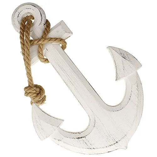 ANEWSIR MACOSA CP78017 Deko-Anker Holz mit Tau Weiß zum Aufhängen Shabby Chic Holzanker Badezimmer-Dekoration Wandanker Bootsanker Wanddeko Maritim Bad