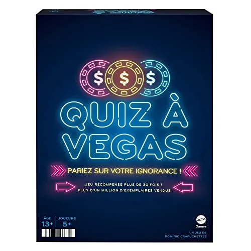 Mattel Games Quiz à Vegas, allgemeines Kulturspiel mit Fragekarten, Poker- und Pari-Chips, min. 5 Spieler, französische Version, Kinderspielzeug, ab 13 Jahren, HNY92