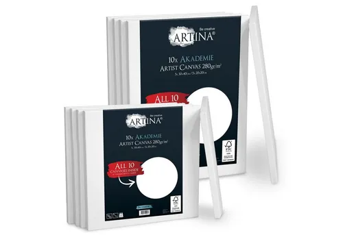 Artina Leinwand Akademie 10er Set 30x40cm & 20x20cm - Leinwände für Maltechniken, 100% Baumwolle, ideal für Anfänger und Profis, mit 8 Spannkeilen für perfekten Halt.