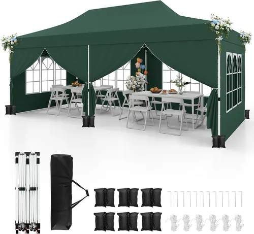 GOPLUS 3x6m Faltbarer Pavillon mit 6 Seitenwänden - Robuster Gartenpavillon aus hochwertigem Oxford-Gewebe, wasserfest und mit verstellbarer Höhe. Ideal für Feiern im Freien mit Platz für 15-20 Personen. Schneller Aufbau dank innovativem Pop-up-Design.